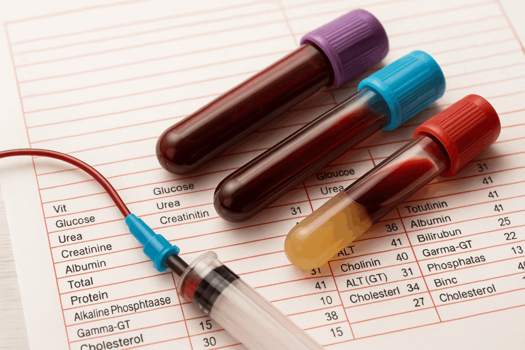 Symbolbild für eine präzise Blutbildanalyse: Drei mit Blut gefüllte Probenröhrchen auf einem Laborbericht mit typischen Gesundheitswerten – ideal für Gesundheits-Check-ups und präventive Maßnahmen für Selbstständige, denn für Früherkennung und einen leistungsfähiger Körper braucht man gutes Monitoring mit sinnigen Blutmarkern für Unternehmer.