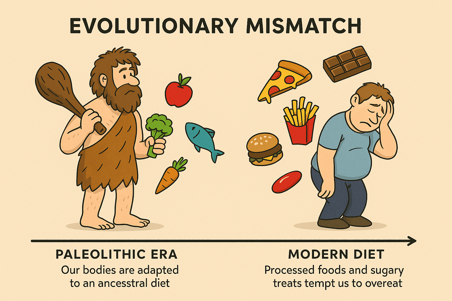 Darstellung des evolutionären Mismatch: Ein Vergleich zwischen steinzeitlicher Ernährung mit natürlichen Lebensmitteln und der modernen Überflussgesellschaft mit hochverarbeiteten, kalorienreichen Nahrungsmitteln – visualisiert den biologischen Konflikt, der bei Selbstständigen häufig zu Überkonsum und Energiecrashs im Alltag führt.