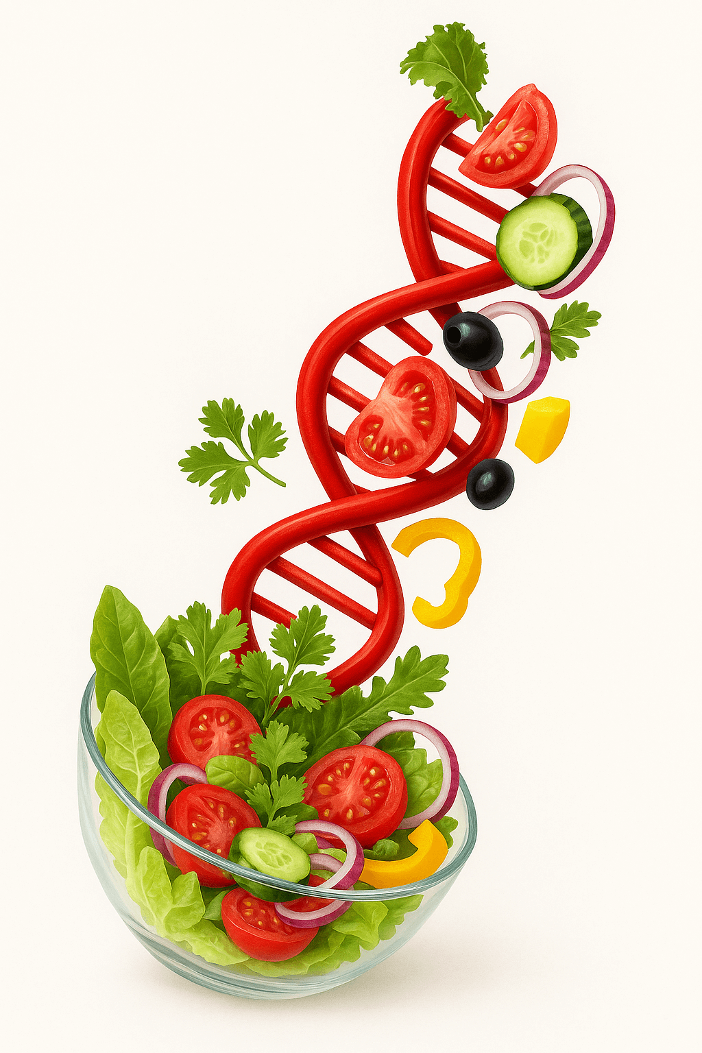 Symbolische Darstellung der Verbindung von Ernährung und Biochemie: Eine DNA-Doppelhelix aus frischem Gemüse wie Tomaten, Gurken, Paprika und Kräutern, die aus einer Salatschüssel emporsteigt: Visualisierung gesunder und alltagstauglicher Ernährung für Selbstständige und Unternehmer