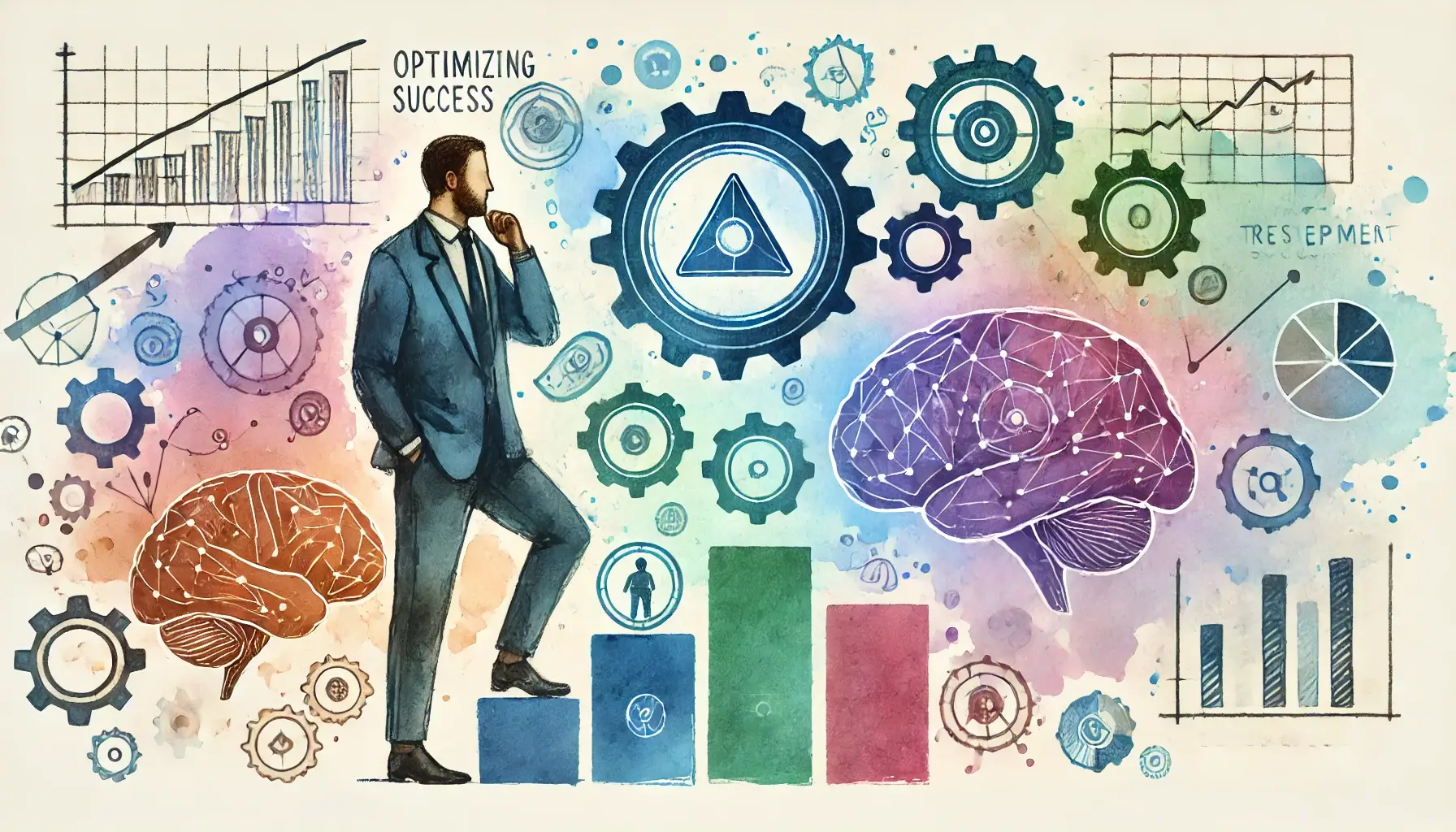 Wasserfarben-Illustration eines Unternehmers, der sein Mindset optimiert, symbolisch für Wachstum, persönliche Entwicklung und langfristigen Erfolg.