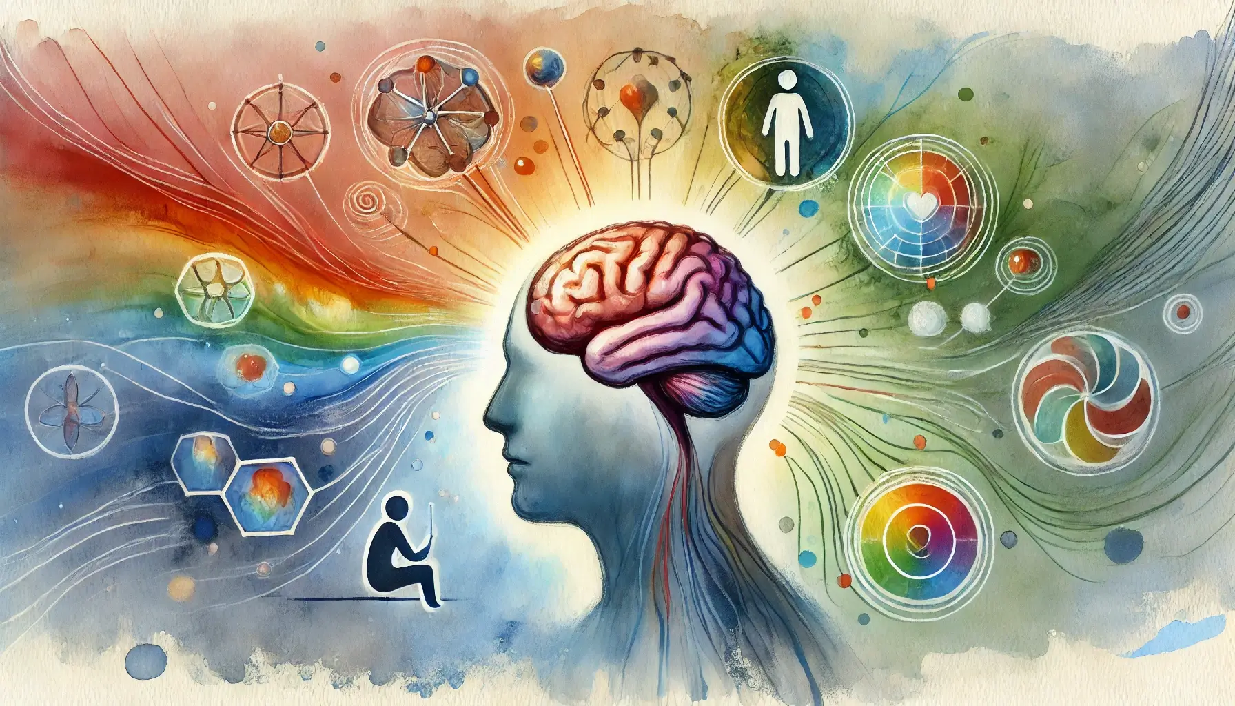 Illustration eines Gehirns und sozialer Strukturen, die das biopsychosoziale Modell der Verhaltensänderung darstellen.